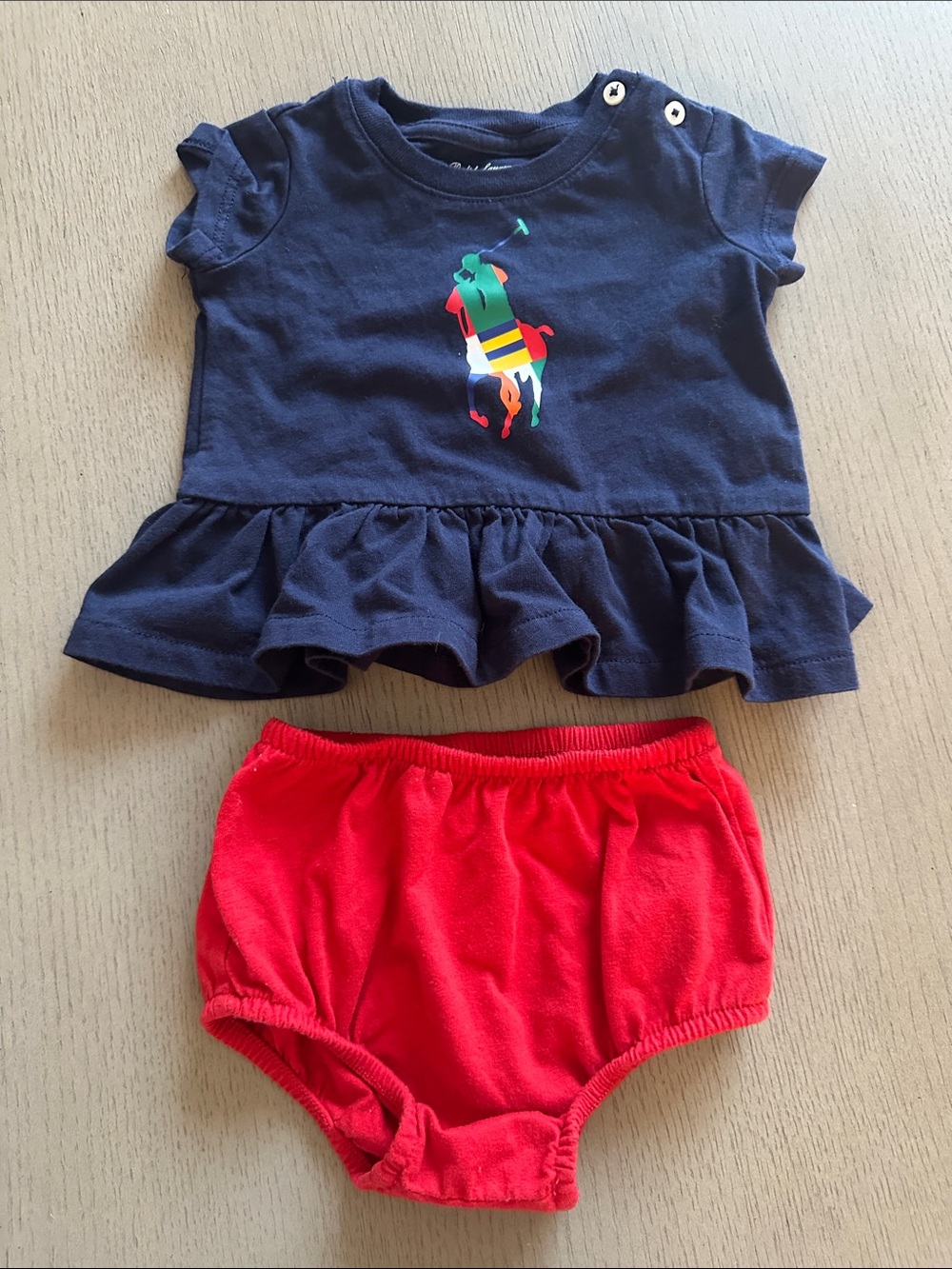 Polo by Ralph Lauren Navy Ruffle Top with Red Diaper Cover